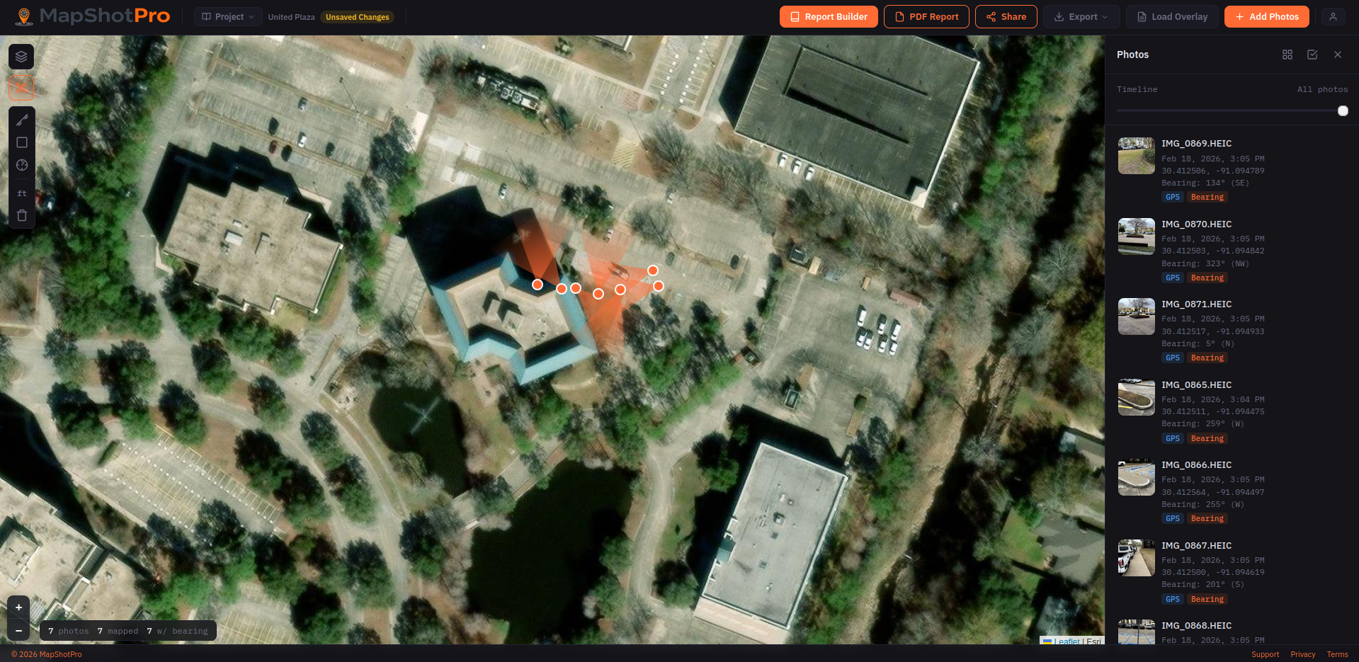 MapShotPro full interface showing interactive map with markers, photo sidebar, and toolbar